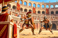 Combat de gladiateurs dans l'ar&egrave;ne du Colis&eacute;e &agrave; Rome