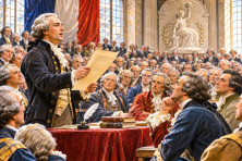 Un d&eacute;put&eacute; pr&eacute;sente un document devant l'Assembl&eacute;e nationale lors des d&eacute;bats sur les droits de l'homme en ao&ucirc;t 1789.