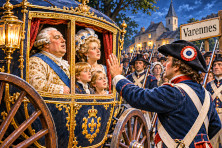 La voiture de Louis XVI et de sa famille est arr&ecirc;t&eacute;e &agrave; Varennes dans la nuit du 21 au 22 juin 1791.