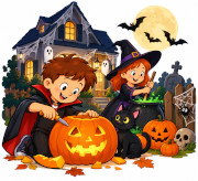 Des enfants pr&eacute;parent Halloween avec une citrouille et une potion magique.
