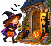 Lina d&eacute;couvre une vieille maison d&eacute;cor&eacute;e pour Halloween, avec une citrouille lumineuse et une sorci&egrave;re.