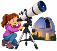 Une jeune fille observe le ciel avec un t&eacute;lescope.