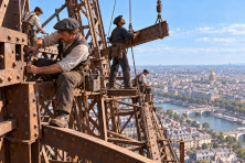 Des ouvriers travaillent sur les poutrelles m&eacute;talliques de la tour Eiffel en construction, &agrave; une grande hauteur au-dessus de Paris.