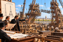 En 1888, des ouvriers assemblent les poutres du premier &eacute;tage de la tour Eiffel, au-dessus des quatre piliers m&eacute;talliques.