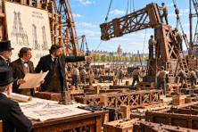 En 1887, des ouvriers assemblent les premiers piliers m&eacute;talliques de la tour Eiffel sur le Champ-de-Mars.