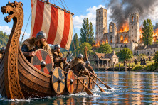 Un navire viking remonte un fleuve du royaume franc au IXe si&egrave;cle, pr&egrave;s d'un village entour&eacute; de for&ecirc;ts.
